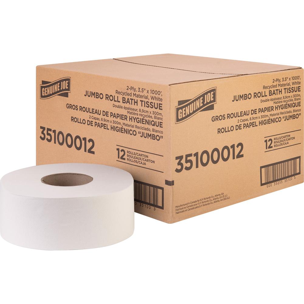 Genuine Joe Jumbo Jr Dispenser Bath Tissue Roll - 2 Ply - 3.50" Width x 1000 ft Length - 8.88" Roll Diameter - White - Fiber - 12 / Carton. Picture 1