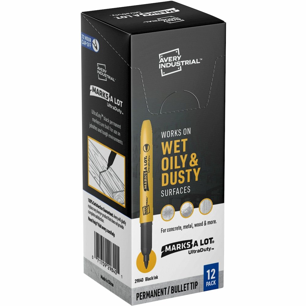 Avery Marks A Lot UltraDuty Markers, Bullet Tip, Black (29840) - 1.0 mm Bullet Marker Point - Black Ink - Construction, Warehouse, Plastic, Metal - 12 / Pack. Picture 1