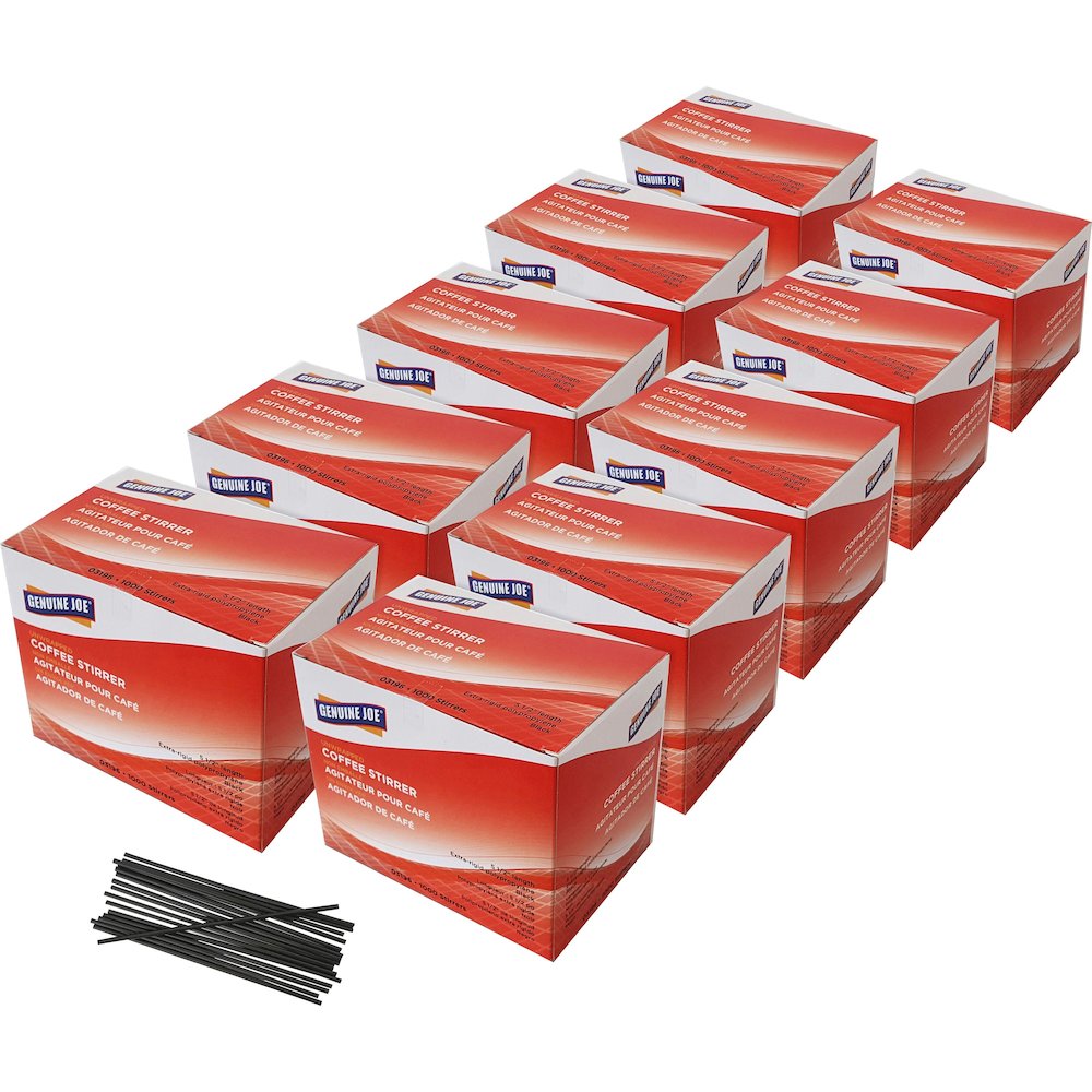 Genuine Joe Plastic Stirrers - 5.5" Length - Plastic, Polypropylene - Black - 1000/Box - 10 / Carton. Picture 1