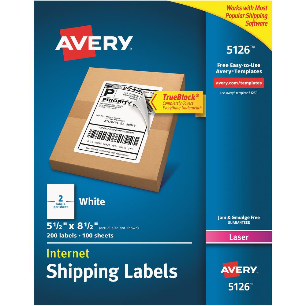 Avery&reg; Internet Shipping Labels, 5.5" x 8.5" , 200 Total (05126) - 5 1/2" Width x 8 1/2" Length - Permanent Adhesive - Rectangle - Laser - Matte - White - Paper - 2 / Sheet - 100 Total Sheets - 20. Picture 1