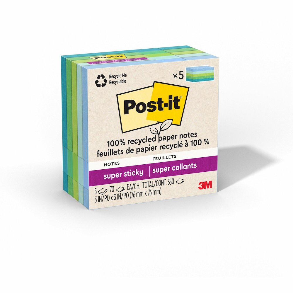 Post-it&reg; Super Sticky Adhesive Note - 350 - 3" Flag/Note Width x 3" Flag/Note Length - Square - 70 Sheets per Pad - Assorted Oasis - Removable, Repositionable, Recyclable - Recycled - 5 / Pack. Picture 1
