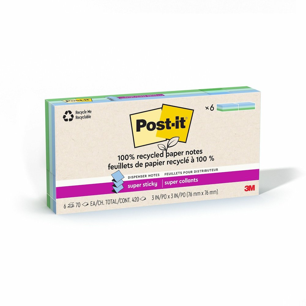 Post-it&reg; Super Sticky Adhesive Note - 420 - 3" Flag/Note Width x 3" Flag/Note Length - Square - 70 Sheets per Pad - Assorted Oasis - Removable, Repositionable, Recyclable, Pop-up - Recycled - 6 / . Picture 1