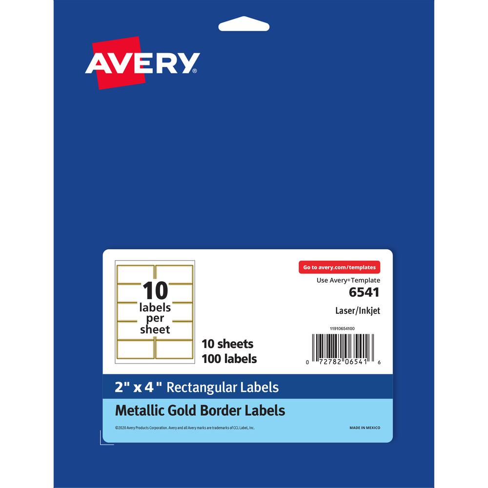 Avery&reg; Labels with Metallic Gold Borders, 2" x 4" , 100 (6541) - 2" Width x 4" Length - Permanent Adhesive - Rectangle - Inkjet, Laser - Matte - White - Metallic Gold Border - Paper - 10 / Sheet -. Picture 1