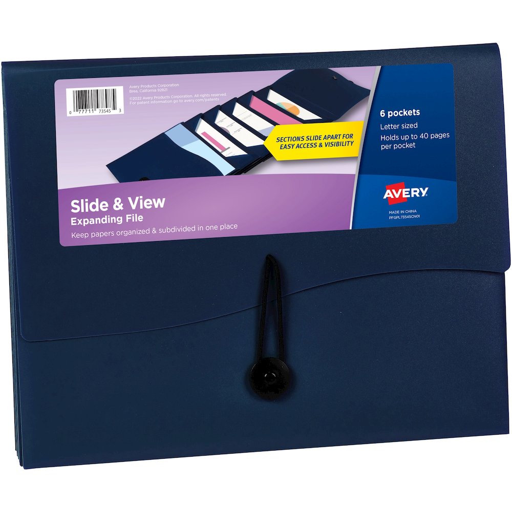 Avery&reg; Slide & View Letter Organizer Folder - 8 1/2" x 11" - 40 Sheets Capacity - 6 Pocket - Plastic, Poly - Navy - 1 Each. Picture 1