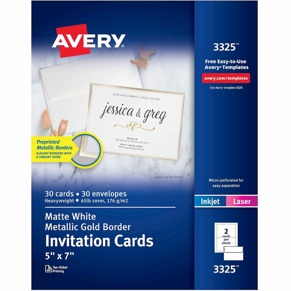Avery&reg; Invitation Cards with Metallic Gold Borders - 5" Width x 7" Length - Rectangle - Inkjet, Laser - Matte - Matte White - Gold Border - Paper, Card Stock - 15 / Sheet - 2 Total Sheets - 30 / P. Picture 1