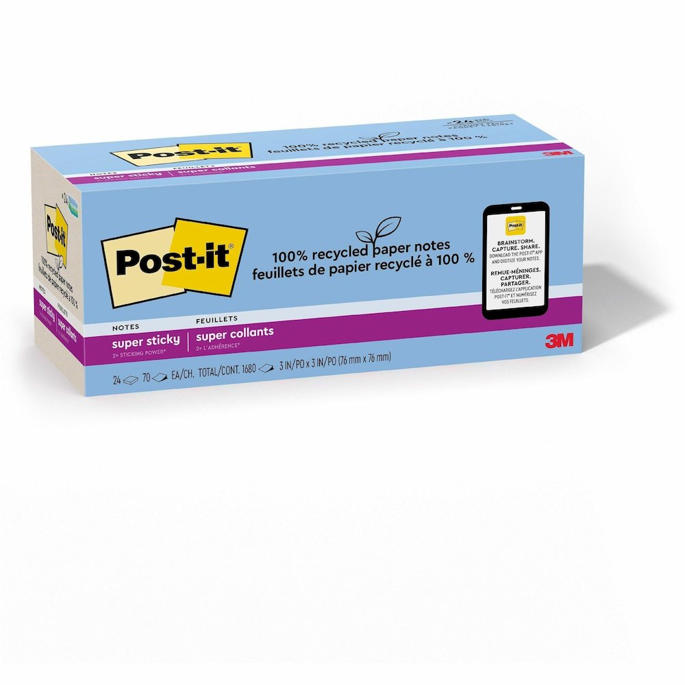 Post-it&reg; Recycled Super Sticky Notes - 70 - 3" Flag/Note Width x 3" Flag/Note Length - Square - 70 Sheets per Pad - Unruled - Assorted Oasis - Paper - Adhesive - Recycled - 24 / Pack. Picture 1