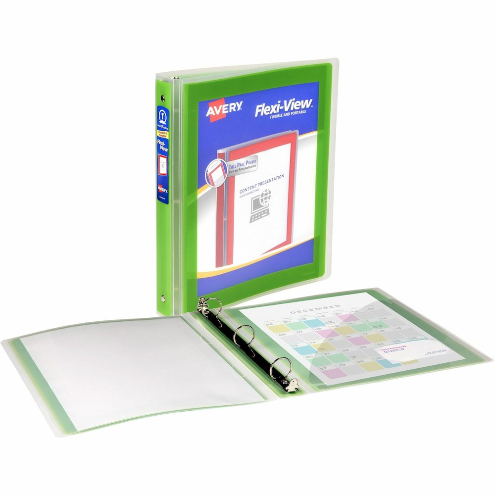 Avery&reg; Flexi-View 3 Ring Binder, 1 Inch Round Rings, 1 Chartreuse Green Binder - 1" Binder Capacity - Letter - 8 1/2" x 11" Sheet Size - 175 Sheet Capacity - Fastener: Round Ring - Pocket: 1, Insi. Picture 1