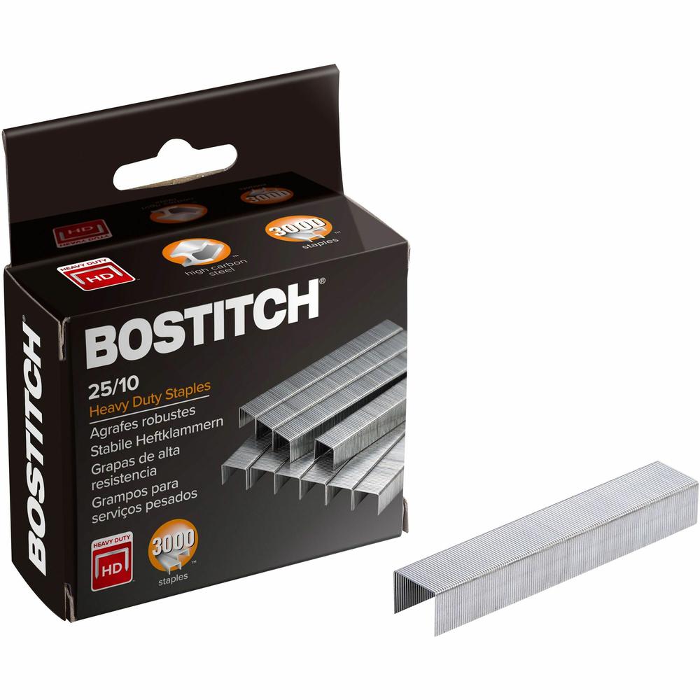 Bostitch Heavy-Duty Staples - High Capacity - 3/8" Leg - 1/2" Crown - Holds 65 Sheet(s) - Silver - 2.5" Height x 1.1" Width x 3" Length - 125 Per Strip - 3000 / Box. Picture 1