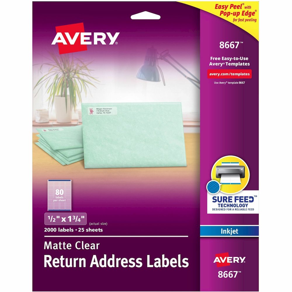 Avery&reg; Easy Peel Inkjet Printer Mailing Labels - 1/2" Width x 1 3/4" Length - Permanent Adhesive - Rectangle - Inkjet - Clear - Film - 80 / Sheet - 25 Total Sheets - 2000 Total Label(s) - 2000 / P. Picture 1