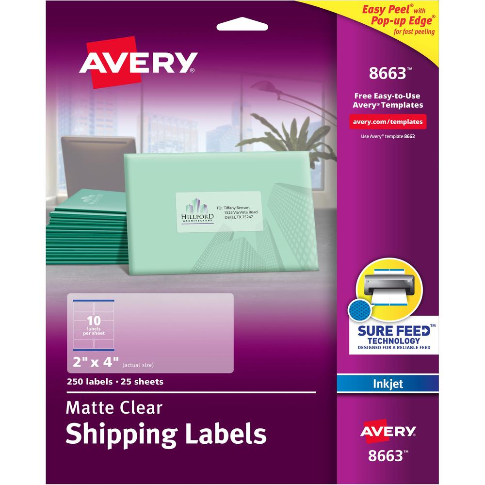 Avery&reg; Shipping Labels, Sure Feed, 2" x 4" , 100 Clear Labels (18663) - 2" Width x 4" Length - Permanent Adhesive - Rectangle - Inkjet - Clear - Film - 10 / Sheet - 25 Total Sheets - 250 Total Lab. Picture 1