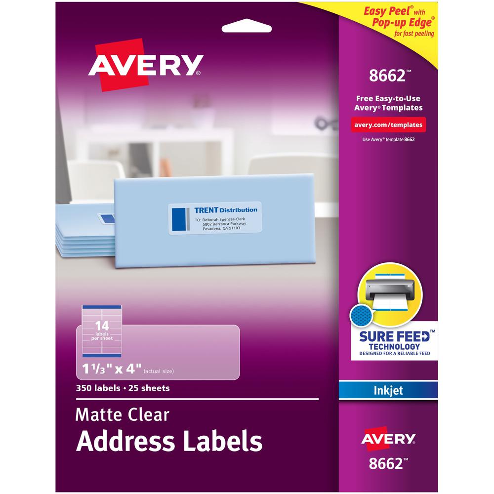 Avery&reg; Easy Peel Inkjet Printer Mailing Labels - 1 21/64" Width x 4" Length - Permanent Adhesive - Rectangle - Inkjet - Matte - Clear - Film - 14 / Sheet - 25 Total Sheets - 350 Total Label(s) - 3. Picture 1
