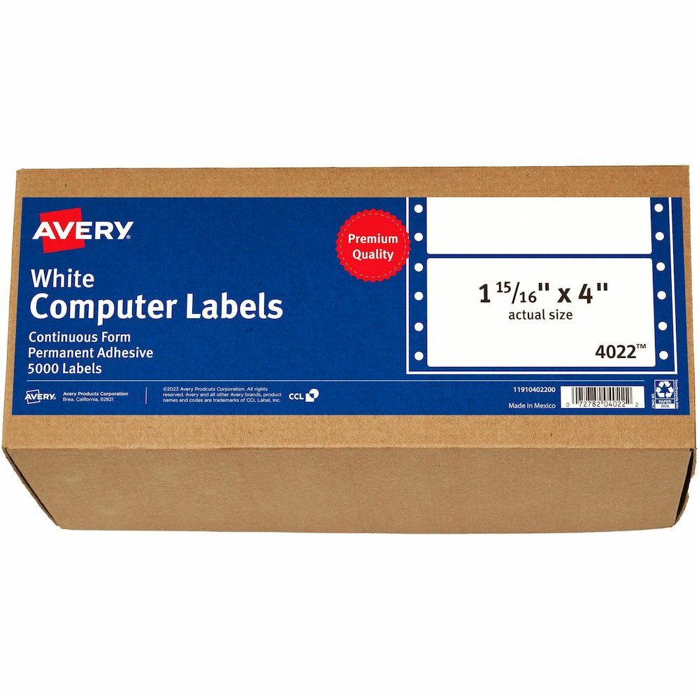 Avery&reg; Address Label - 1 15/16" Width x 4" Length - Permanent Adhesive - Dot Matrix - White - 1 / Sheet - 5000 Total Label(s) - 5000 / Box. Picture 1