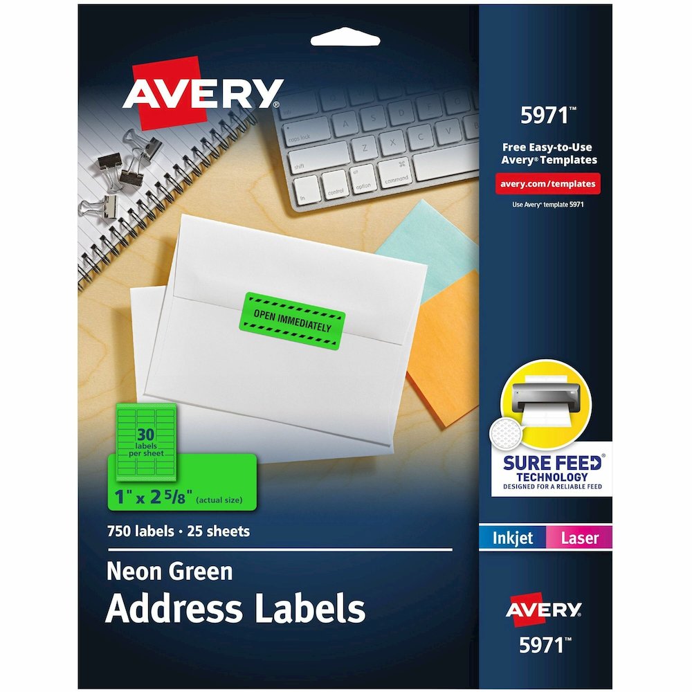 Avery&reg; Address Label - x 1" Width x 2 5/8" Length - Permanent Adhesive - Rectangle - Laser, Inkjet - Matte - Neon Green - Paper - 30 / Sheet - 25 Total Sheets - 750 Total Label(s) - For Label Prin. Picture 1