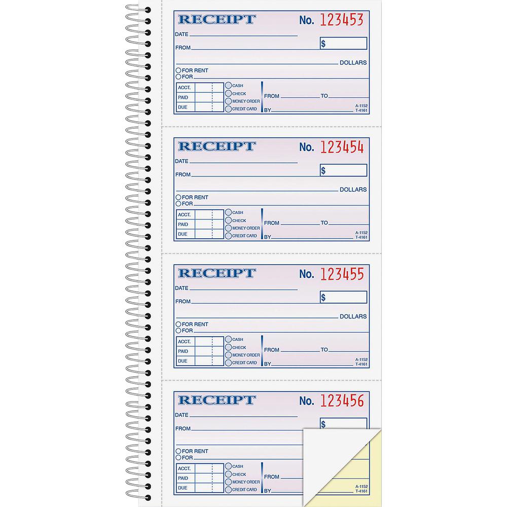 Adams Spiral 2-part Money/Rent Receipt Book - 200 Sheet(s) - Spiral Bound - 2 Part - 11" x 5.25" Form Size - White, Canary - Assorted Sheet(s) - 1 Each. Picture 1