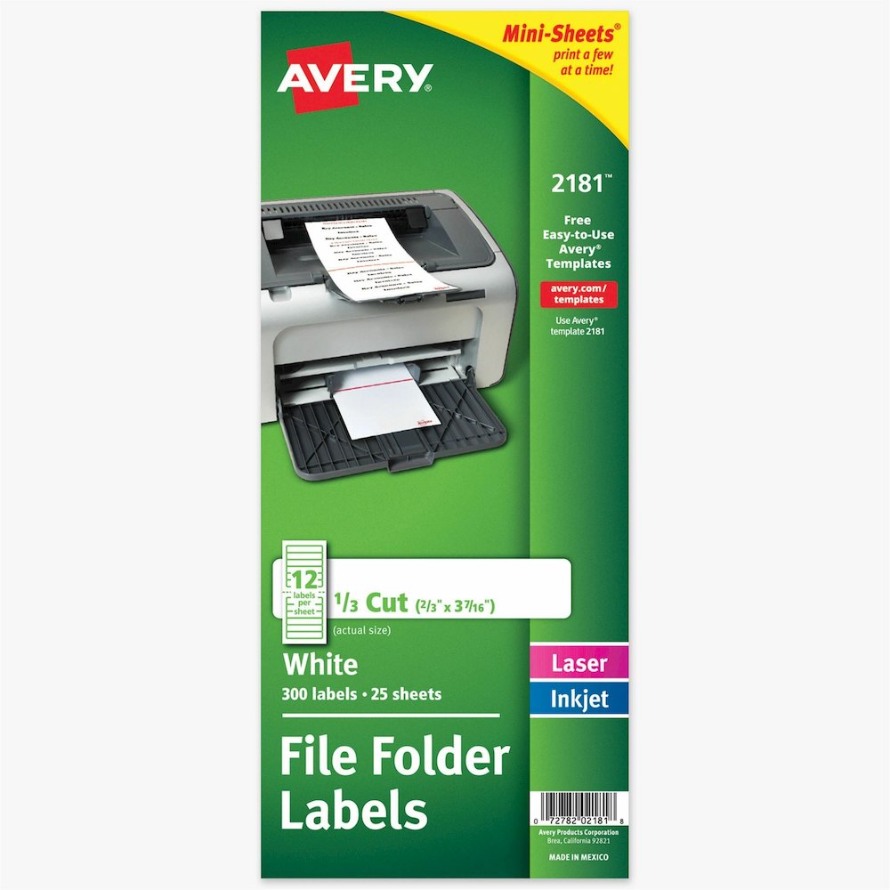 Avery Mini-Sheets File Folder Labels, 2/3" x 3-7/16" , 300ct (2181) - x 21/32" Width x 3 7/16" Length - Permanent Adhesive - Rectangle - Laser, Inkjet - Matte - White - Paper - 12 / Sheet - 25 Total S. Picture 1