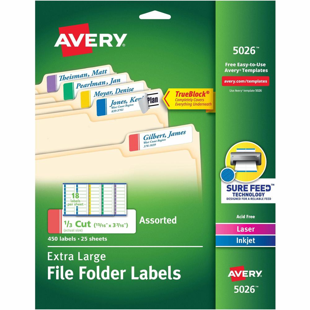 Avery&reg; Extra-Large File Folder Labels - 15/16" Width x 3 7/16" Length - Permanent Adhesive - Rectangle - Laser, Inkjet - Blue, Green, Purple, Red, Yellow - Paper - 18 / Sheet - 25 Total Sheets - 4. Picture 1