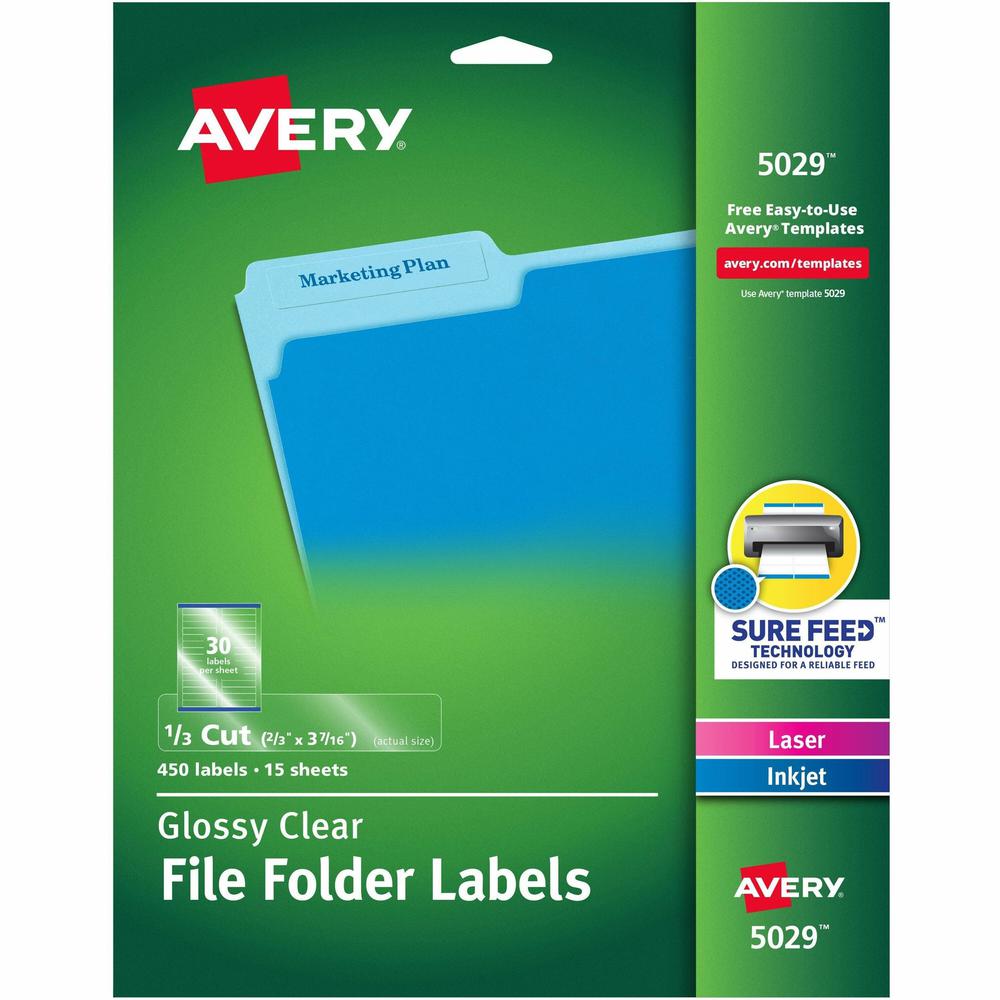 Avery&reg; Clear Top Tab Filing Labels - 2/3" Width x 3 7/16" Length - Permanent Adhesive - Rectangle - Inkjet, Laser - Glossy - Clear - Film - 30 / Sheet - 15 Total Sheets - 450 Total Label(s) - 450 . Picture 1