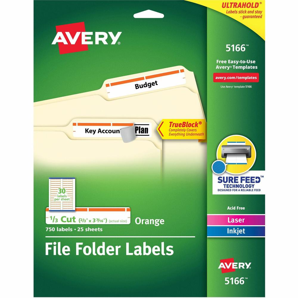 Avery&reg; TrueBlock File Folder Labels - 2/3" Width x 3 7/16" Length - Permanent Adhesive - Rectangle - Inkjet, Laser - Matte - Orange - Paper - 30 / Sheet - 25 Total Sheets - 750 Total Label(s) - 75. Picture 1