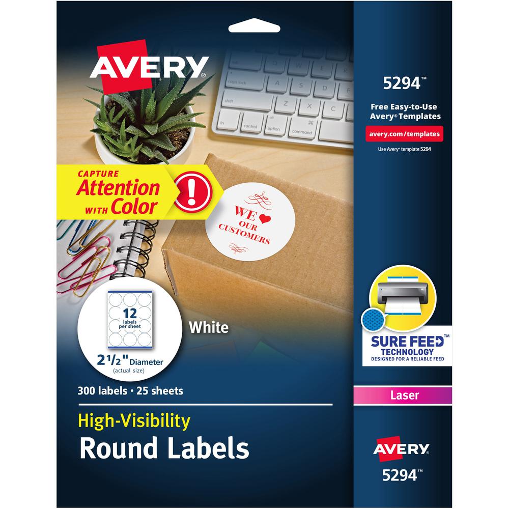 Avery&reg; Round High Visibility Labels - 2 1/2" Diameter - Permanent Adhesive - Round - Laser, Inkjet - Matte - White - Paper - 12 / Sheet - 25 Total Sheets - 300 Total Label(s) - 300 / Pack. Picture 1