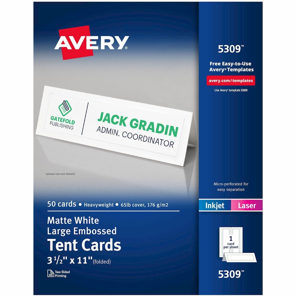 Avery&reg; Tent Cards, 3.5" x 11" , Embossed Border, 50ct (5309) - 97 Brightness - 3 1/2" x 11" - 65 lb Basis Weight - 176 g/m² Grammage - Matte - Perforated, Heavyweight, Rounded Corner, Smudge-. Picture 1