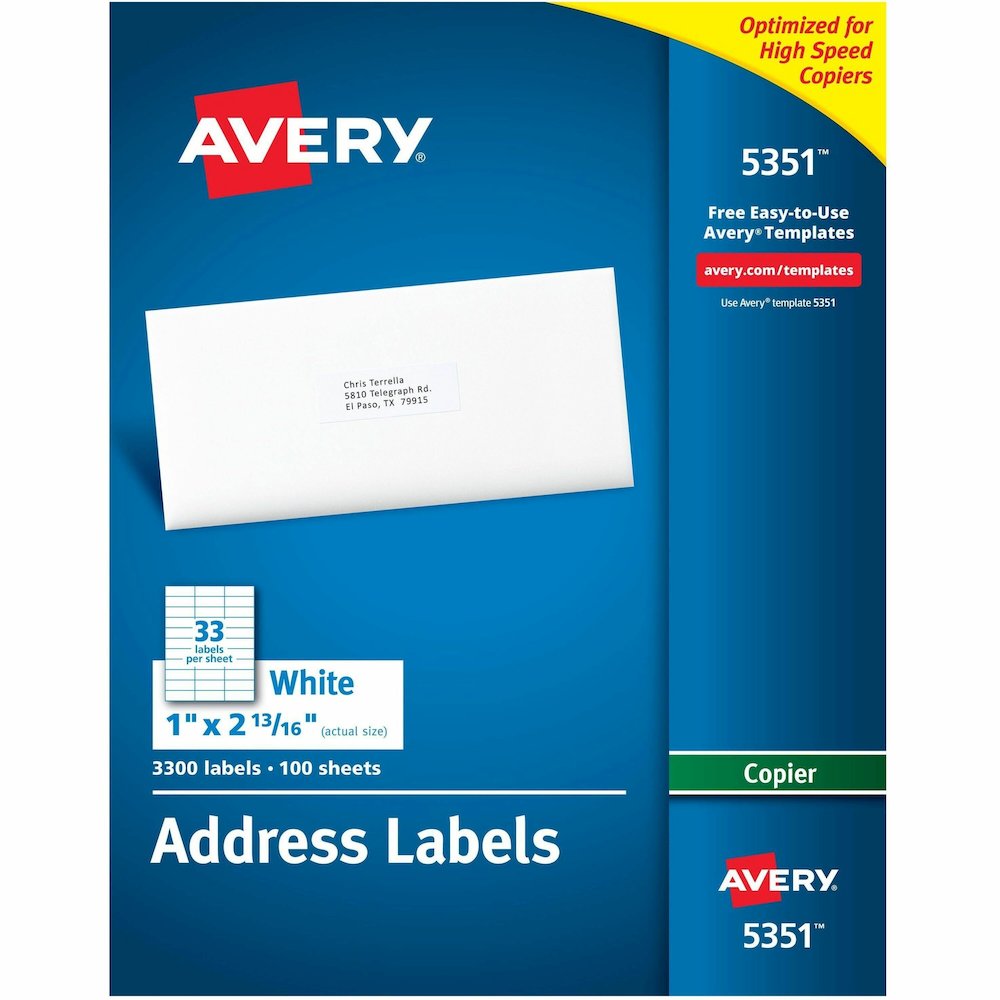 Avery&reg; Copier Address Labels - 1" Width x 2 13/16" Length - Permanent Adhesive - Rectangle - Matte - White - Paper - 33 / Sheet - 100 Total Sheets - 3300 Total Label(s) - 3300 / Box. Picture 1