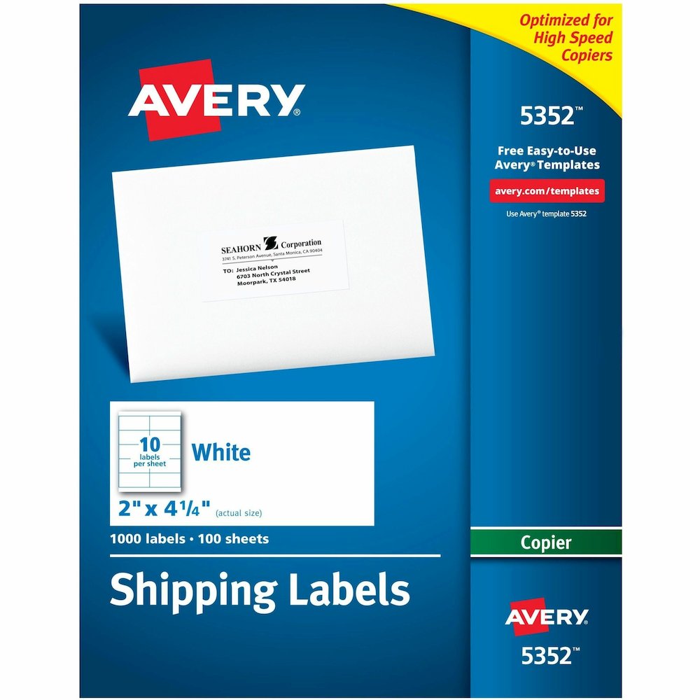 Avery&reg; Shipping Label - 2" Width x 4 1/4" Length - Permanent Adhesive - Rectangle - Matte - White - Paper - 10 / Sheet - 100 Total Sheets - 1000 Total Label(s) - 1000 / Box. Picture 1