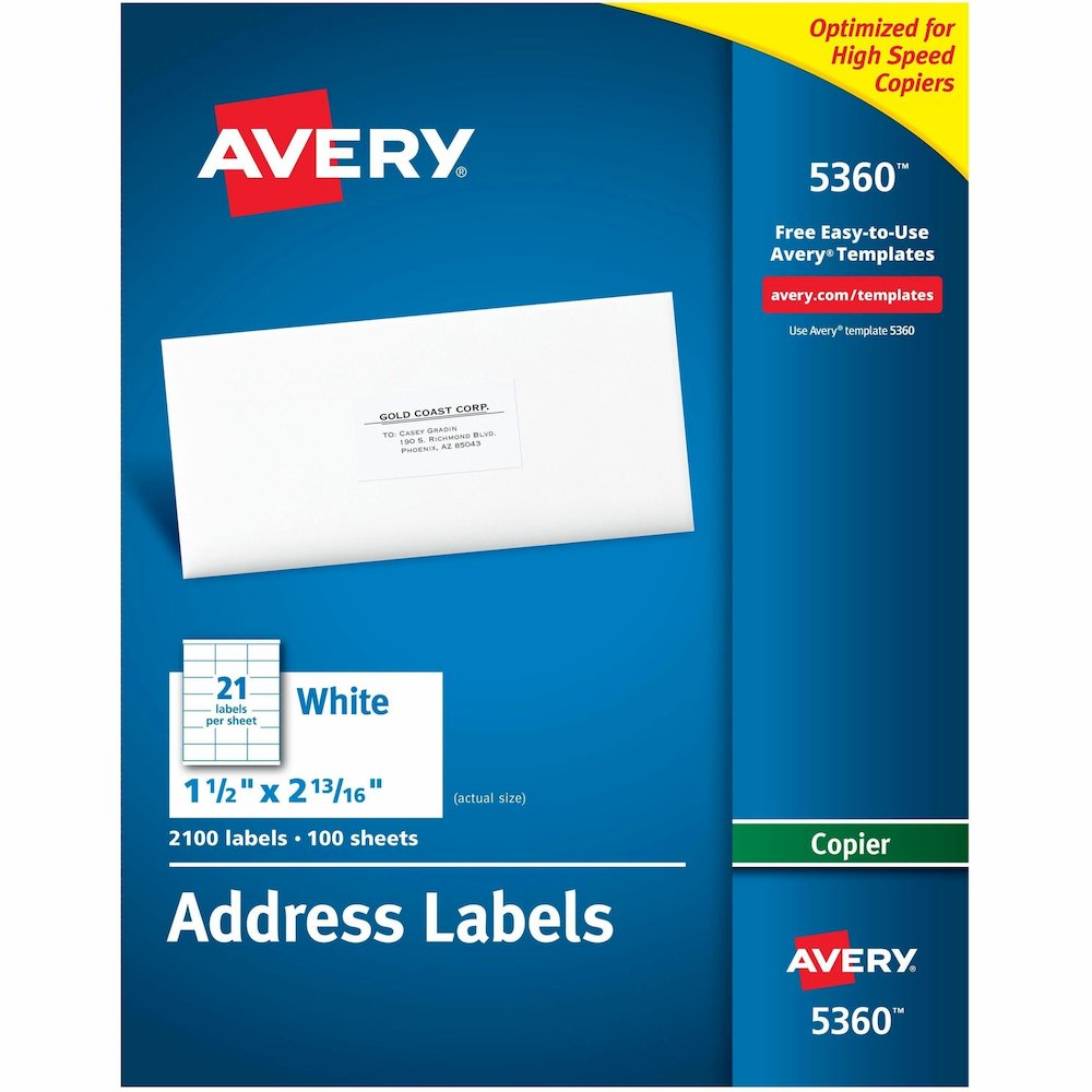 Avery&reg; Copier Address Labels - 1 1/2" Width x 2 13/16" Length - Permanent Adhesive - Rectangle - Matte - White - Paper - 21 / Sheet - 100 Total Sheets - 2100 Total Label(s) - 2100 / Box. Picture 1