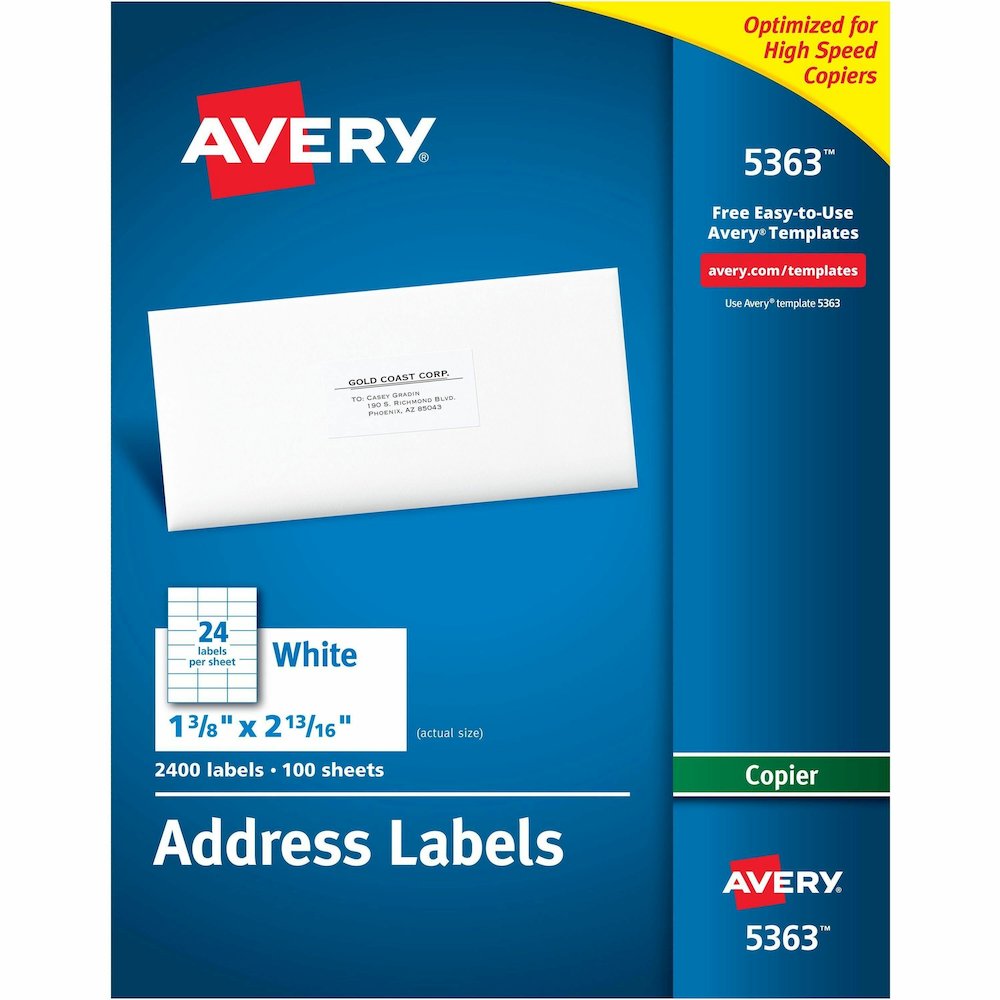 Avery&reg; Copier Address Labels - 1 3/8" Width x 2 13/16" Length - Permanent Adhesive - Rectangle - White - Paper - 24 / Sheet - 100 Total Sheets - 2400 Total Label(s) - 2400 / Box. Picture 1