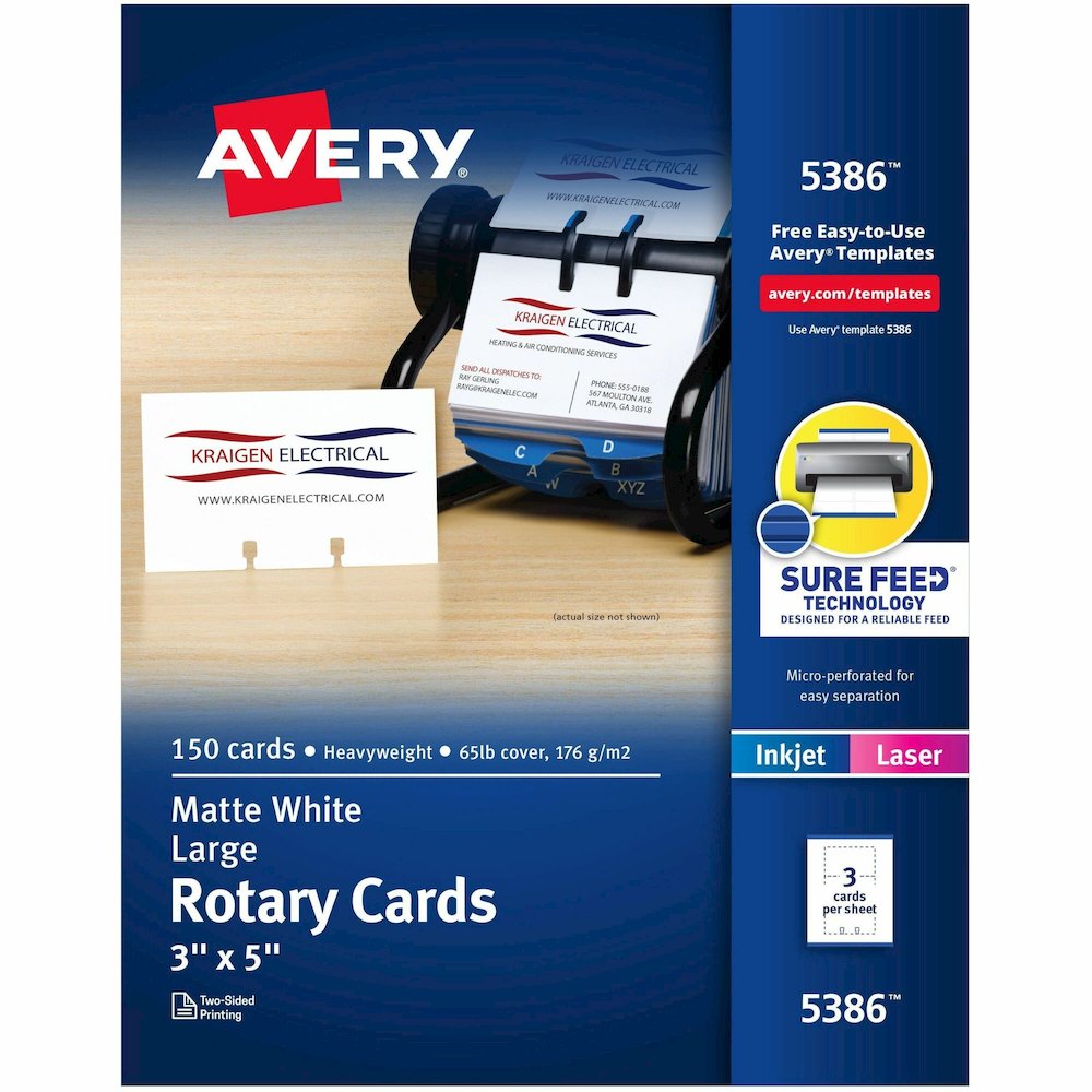 Avery&reg; Uncoated 2-side Printing Rotary Cards - 97 Brightness - Index Card - 3" x 5" - 65 lb Basis Weight - 176 g/m² Grammage - Matte - Perforated, Heavyweight, Double-sided, Printable, Micro . Picture 1