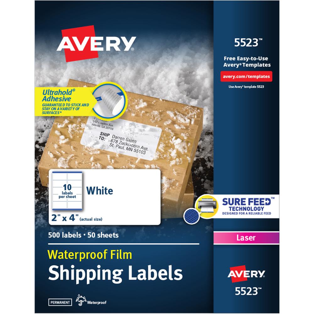 Avery&reg; Waterproof Labels, 2" x 4" , 500 Total (05523) - Waterproof - x 2" Width x 4" Length - Permanent Adhesive - Rectangle - Laser - Matte - White - Film - 10 / Sheet - 50 Total Sheets - 500 Tot. Picture 1