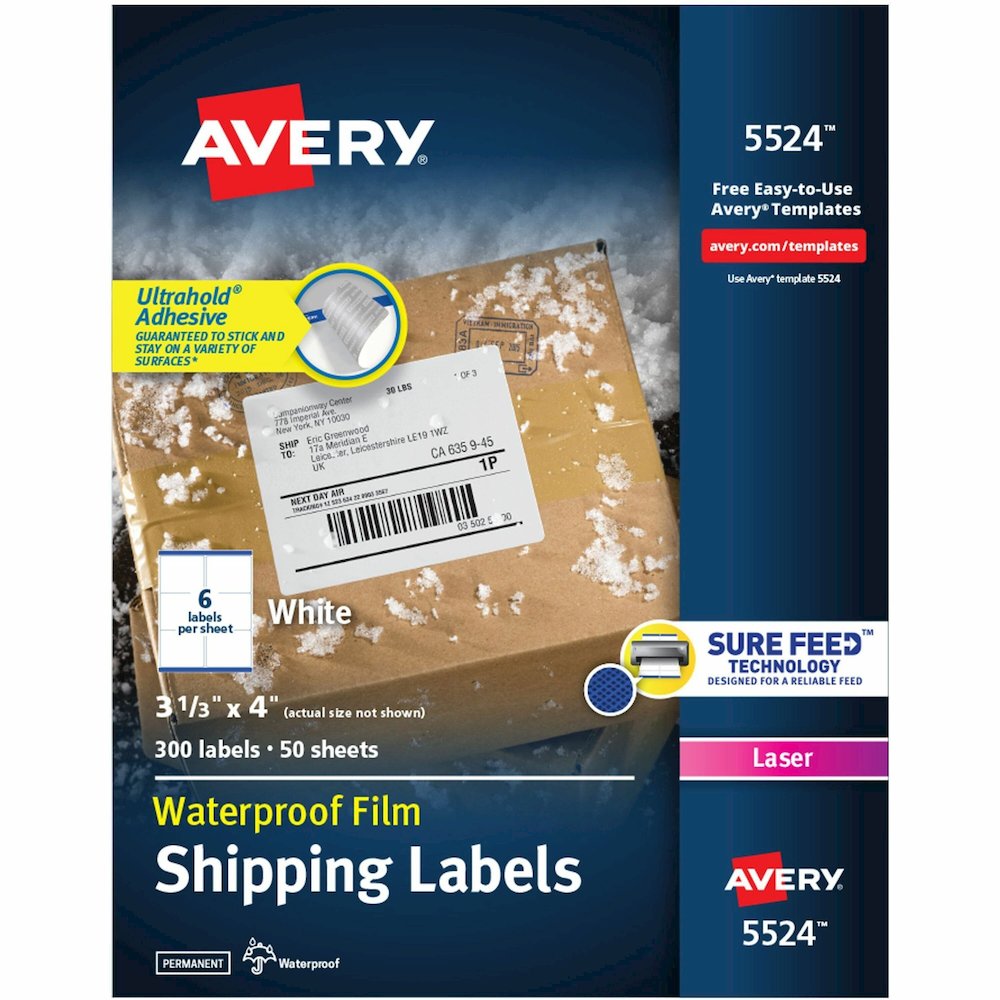 Avery Waterproof Labels, 3-1/3" x 4" , 300 Total (05524) - Waterproof - x 3 21/64" Width x 4" Length - Full Sheet - Permanent Adhesive - Rectangle - Laser - Matte - White - Film - 6 / Sheet - 50 Total. Picture 1