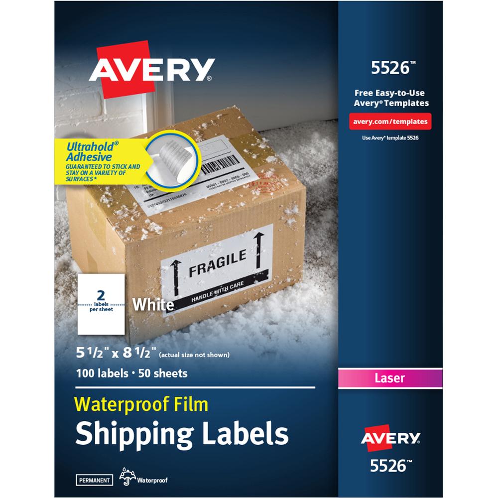 Avery&reg; 5-1/2" x 8-1/2" Labels, Ultrahold, 100 Labels (5526) - Waterproof - x 5 1/2" Width x 8 1/2" Length - Permanent Adhesive - Rectangle - Laser - Matte - White - Film - 2 / Sheet - 50 Total She. Picture 1
