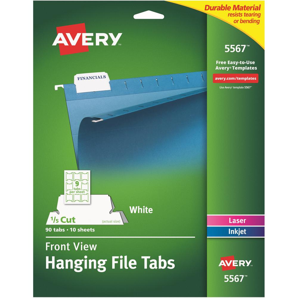 Avery&reg; Print/Write On Hanging File Tabs - 1/5 - Letter - 8.50" Width x 11" Length - Permanent - Matte White Film Tab(s) - 90 / Pack. Picture 1