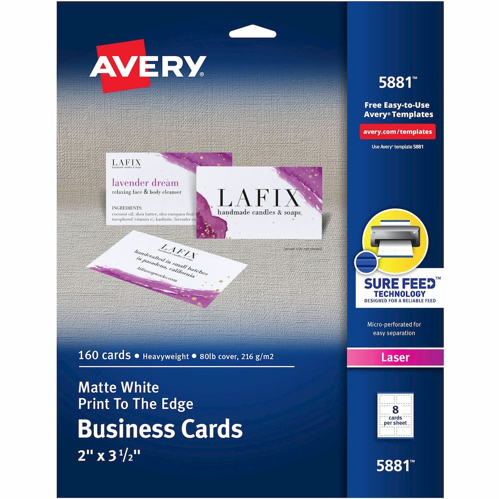 Avery&reg; Sure Feed Business Cards - 97 Brightness - A4 - 8 1/2" x 11" - 80 lb Basis Weight - 216 g/m² Grammage - Matte - Perforated, Heavyweight, Rounded Corner, Print-to-the-edge, Jam-free, Un. Picture 1