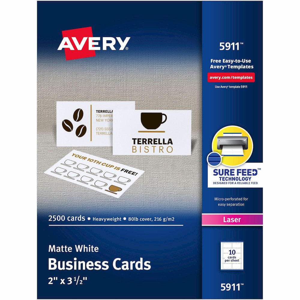 Avery&reg; Perforated Business Cards for Laser Printers, 2" x 3½" - 97 Brightness - A4 - 8 1/2" x 11" - 80 lb Basis Weight - 216 g/m² Grammage - Matte - Perforated, Heavyweight, Jam-free, Smooth . Picture 1