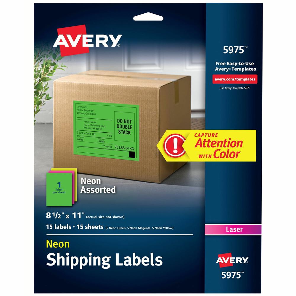 Avery&reg; Assorted Neon Shipping Labels, 8-1/2" x 11" , 15 Labels (5975) - - DiameterFull Sheet - Permanent Adhesive - Rectangle - Laser, Inkjet - Matte - Neon Magenta, Neon Green, Neon Yellow - Pape. Picture 1