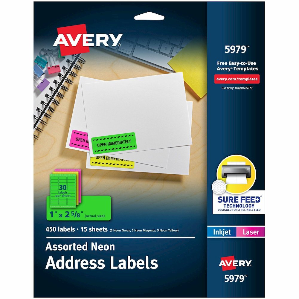 Avery&reg; Shipping Labels - x 1" Width x 2 5/8" Length - Permanent Adhesive - Rectangle - Laser, Inkjet - Matte - Neon Magenta, Neon Green, Neon Yellow - Paper - 30 / Sheet - 15 Total Sheets - 450 To. Picture 1