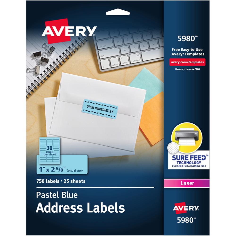 Avery&reg; Shipping Labels - 1" Width x 2 5/8" Length - Permanent Adhesive - Rectangle - Laser, Inkjet - Matte - Pastel Blue - Paper - 30 / Sheet - 25 Total Sheets - 750 Total Label(s) - 750 / Pack. Picture 1