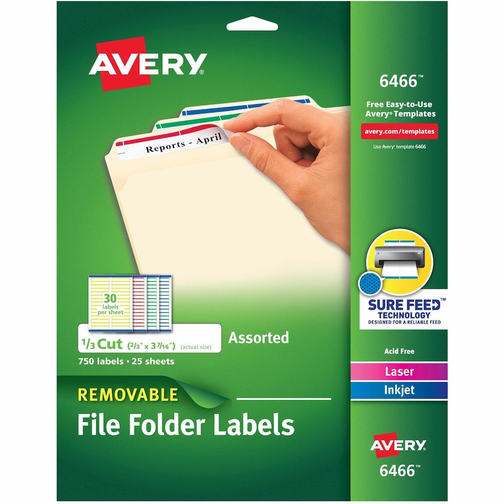 Avery&reg; Removable Laser/Inkjet Filing Labels - 2/3" Width x 3 7/16" Length - Removable Adhesive - Rectangle - Inkjet, Laser - Matte - Blue, Green, Red, White, Yellow - Paper - 30 / Sheet - 25 Total. Picture 1