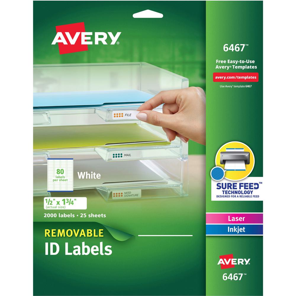 Avery&reg; Removable I.D. Laser/Inkjet Labels - 1/2" Width x 1 3/4" Length - Removable Adhesive - Rectangle - Inkjet, Laser - White - Paper - 80 / Sheet - 25 Total Sheets - 2000 Total Label(s) - 2000 . Picture 1