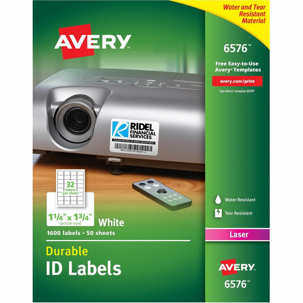 Avery&reg; TrueBlock ID Label - Waterproof - 1 1/4" Width x 1 3/4" Length - Permanent Adhesive - Rectangle - Laser - Matte - White - Film - Water Resistant - 32 / Sheet - 50 Total Sheets - 1600 Total . Picture 1