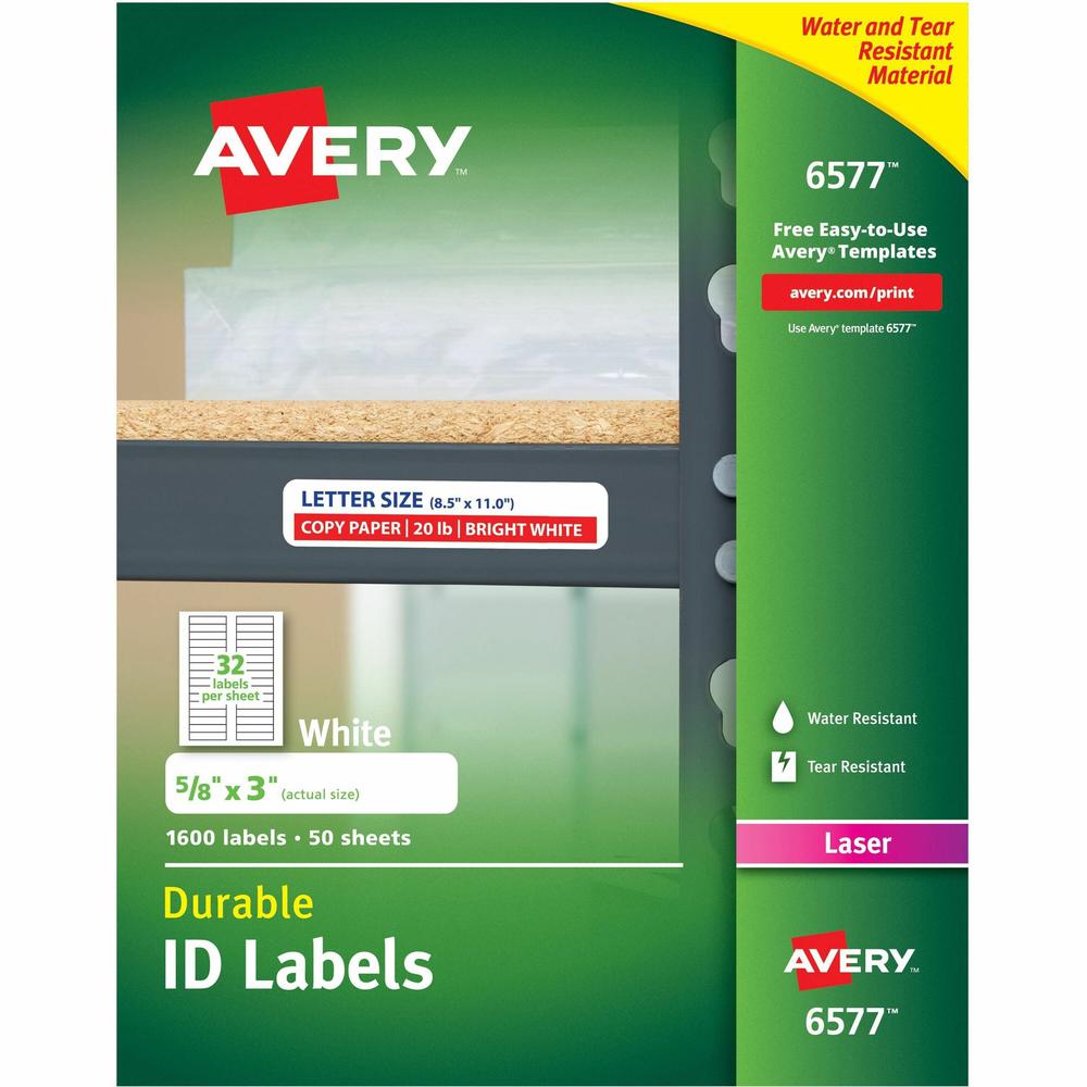 Avery&reg; Permanent Durable ID Laser Labels - Waterproof - 5/8" Width x 3" Length - Permanent Adhesive - Rectangle - Laser - White - Film - 32 / Sheet - 50 Total Sheets - 1600 Total Label(s) - 5 - Wa. Picture 1