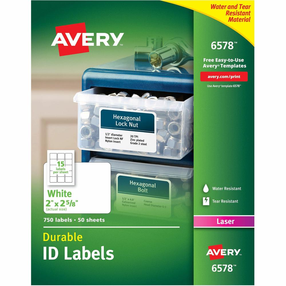 Avery&reg; Permanent Durable ID Laser Labels - Waterproof - 2" Width x 2 5/8" Length - Permanent Adhesive - Rectangle - Laser - Matte - White - Film - Water Resistant - 15 / Sheet - 50 Total Sheets - . Picture 1