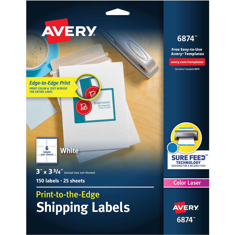 Avery&reg; Shipping Labels, Sure Feed, 3" x 3-3/4" , 150 Labels (6874) - 3" Width x 3 3/4" Length - Permanent Adhesive - Rectangle - Laser - White - Paper - 6 / Sheet - 25 Total Sheets - 150 Total Lab. Picture 1