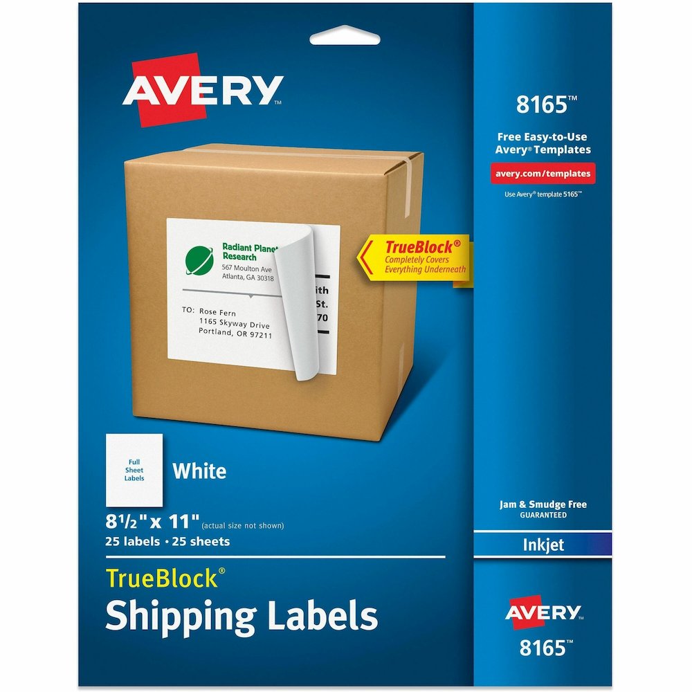 Avery&reg; TrueBlock Shipping Labels, 8-1/2" x 11" , 25 Labels (8165) - 8 1/2" Width x 11" Length - Permanent Adhesive - Inkjet - White - Paper - 1 / Sheet - 25 Total Sheets - 25 Total Label(s) - 25 /. Picture 1