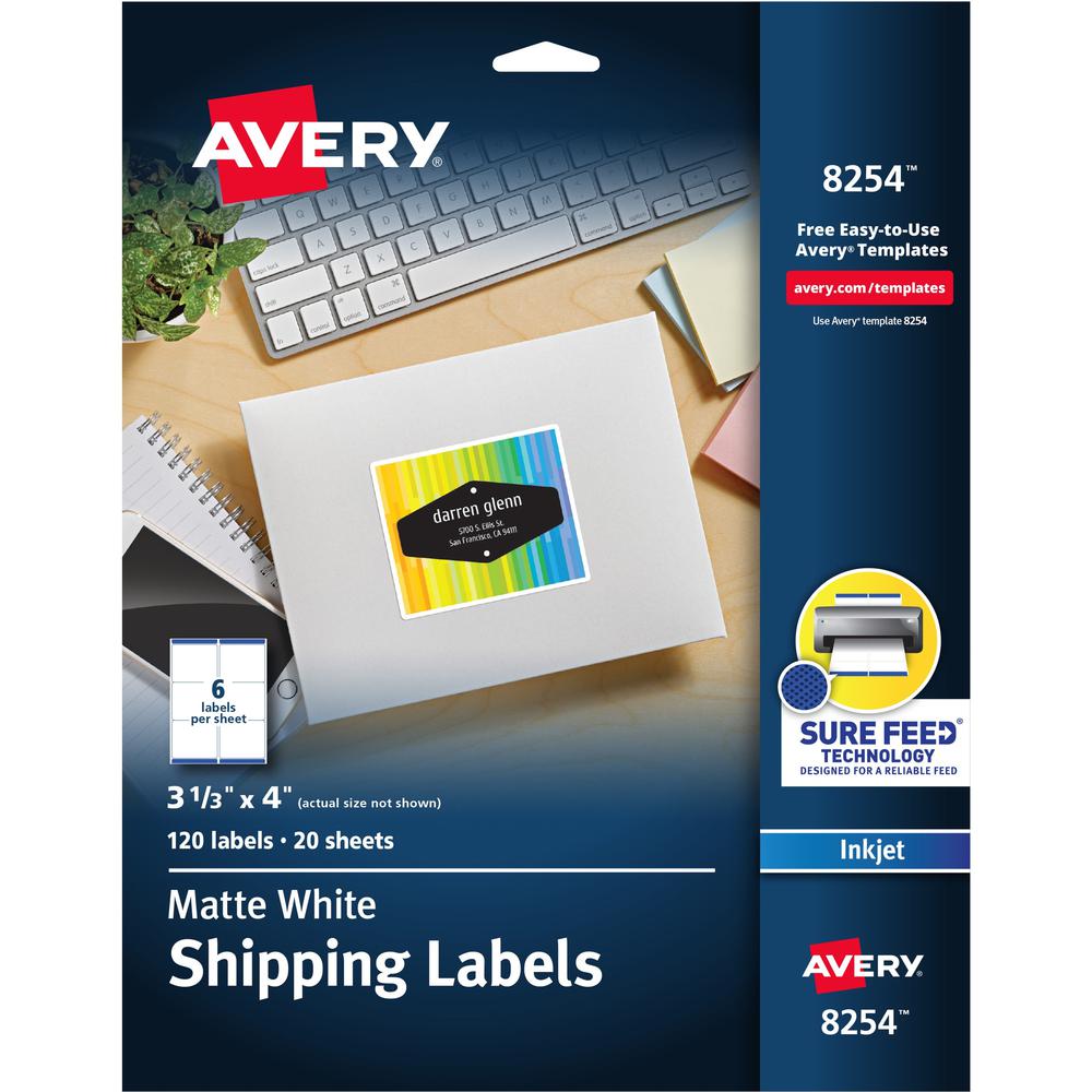 Avery&reg; Sure Feed&reg; White Shipping Labels - 3 21/64" Width x 4" Length - Permanent Adhesive - Rectangle - Inkjet - Matte - White - Paper - 6 / Sheet - 20 Total Sheets - 120 Total Label(s) - 120 . Picture 1