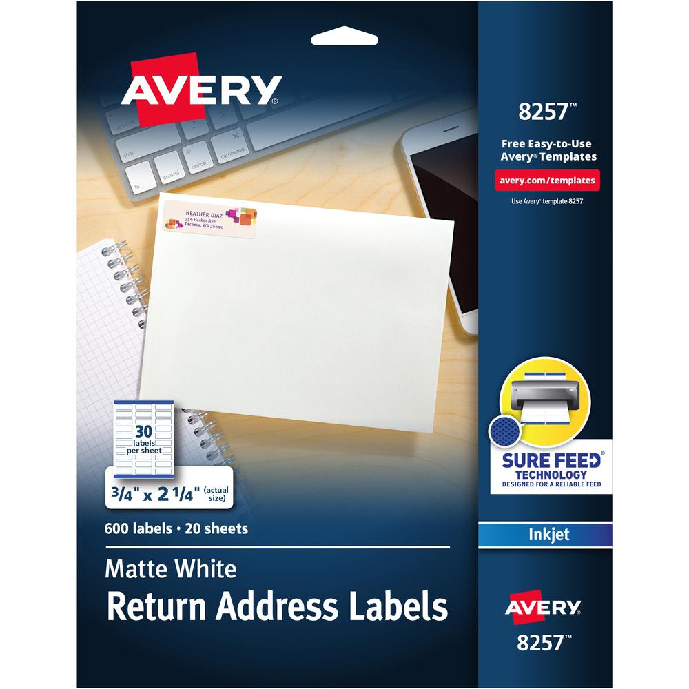 Avery&reg; White Return Address Labels, Sure Feed&reg;, 3/4" x 2-1/4" , 600 Labels (8257) - 3/4" Width x 2 1/4" Length - Permanent Adhesive - Rectangle - Inkjet - White - Paper - 30 / Sheet - 20 Total. Picture 1
