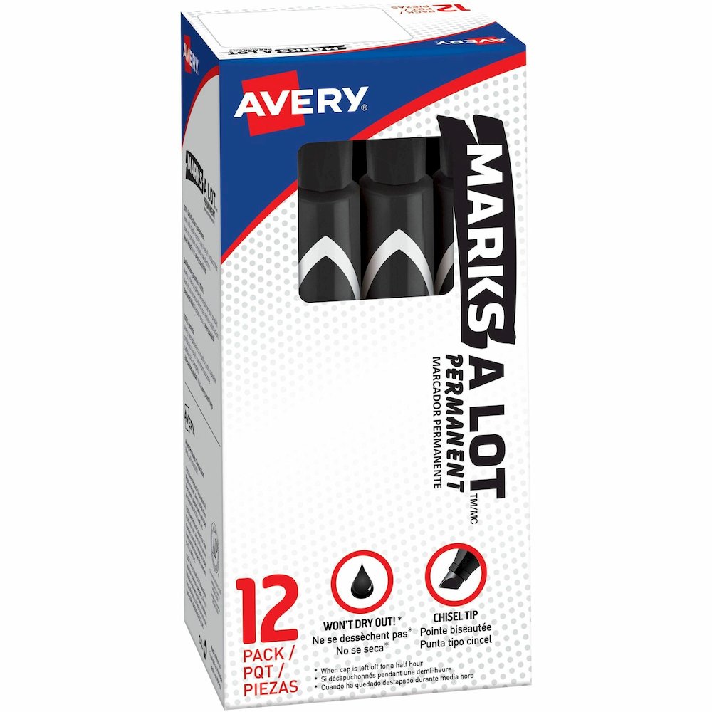 Avery&reg; Marks A Lot Marks A Lot Permanent Markers, Large Desk-Style, 12 Black (08888) - Black Ink - Black Barrel - Metal, Classroom, Plastic, Warehouse, Office - 12 Dozen. Picture 1