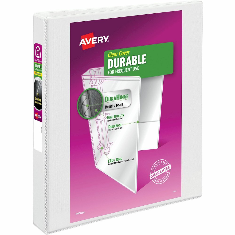 Avery&reg; Durable View Binder - EZD Rings - 1" Binder Capacity - Letter - 8 1/2" x 11" Sheet Size - 275 Sheet Capacity - 3 Ring - Fastener: D-Ring - Pocket: 4, Internal - Poly - White - Recycled - Ea. Picture 1