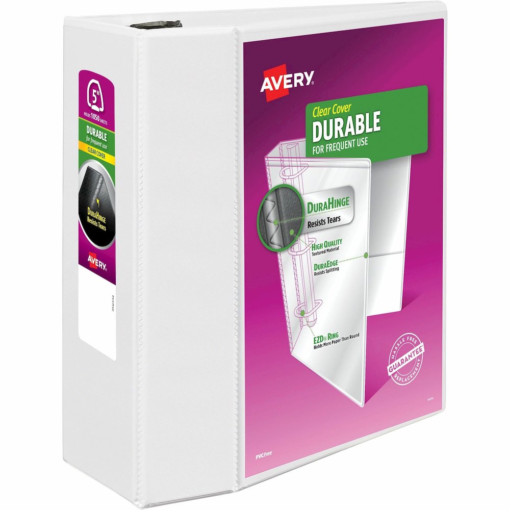 Avery&reg; Durable View Binder - EZD Rings - 5" Binder Capacity - Letter - 8 1/2" x 11" Sheet Size - 1050 Sheet Capacity - 3 Ring - Fastener: D-Ring - Pocket: 4, Internal - Poly - White - Recycled - E. Picture 1